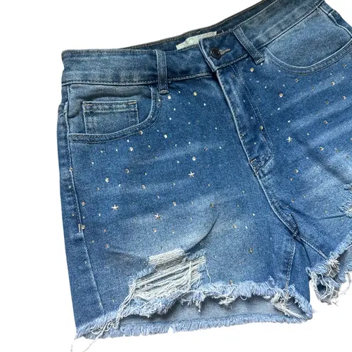 Denim High Rise Shorts Sz 5 Cotton Blend Studded Ripped Frayed Hem Bohemian Blue