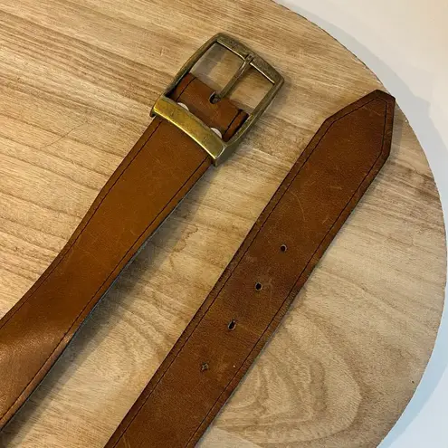 Vintage 90s Soft Tan Genuine Leather Chunky Brass Buckle Belt Size M/L Size M
