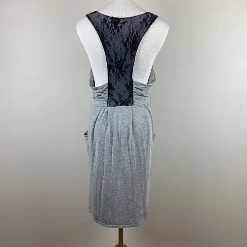 Heartloom Mini Dress M Gray Knit Black Lace Racerback Pockets Sleeveless
