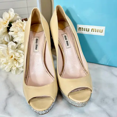 Miu Miu Open Toe Glittery Platform Stilettos