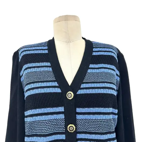 St. John Collection Santana Knit Black Blue Stripe Cardigan Sweater Size 4