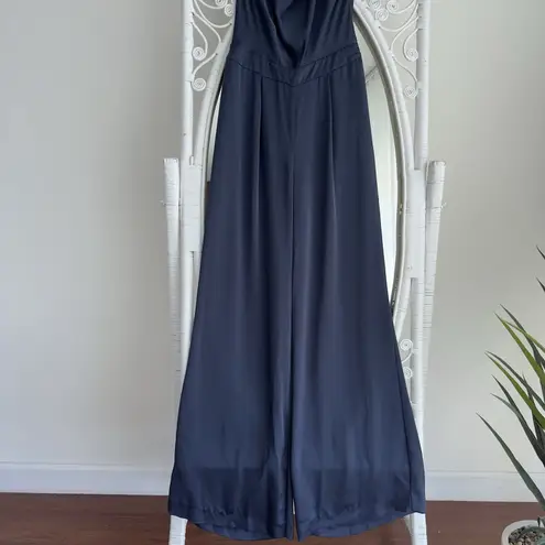 Ramy Brook Jumpsuit Womens 6 Navy Satin Halter Harriet Wide Leg Evening Career