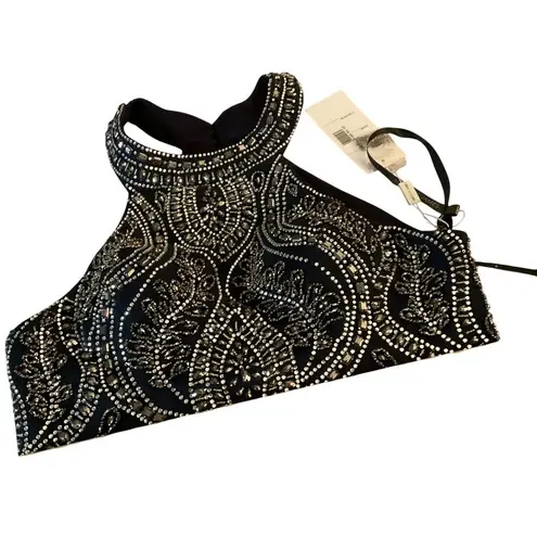 Madison James Navy Beaded Halter Prom Gown With Open Back Size 10 long 2 piece