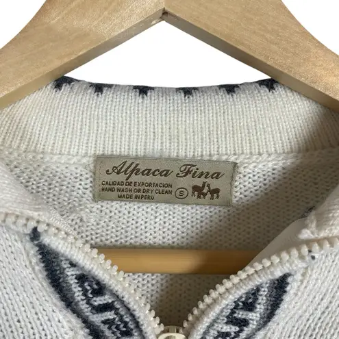 VINTAGE Peruvian Alpaca Wool Full Zip Eclectic Sweater Size S White