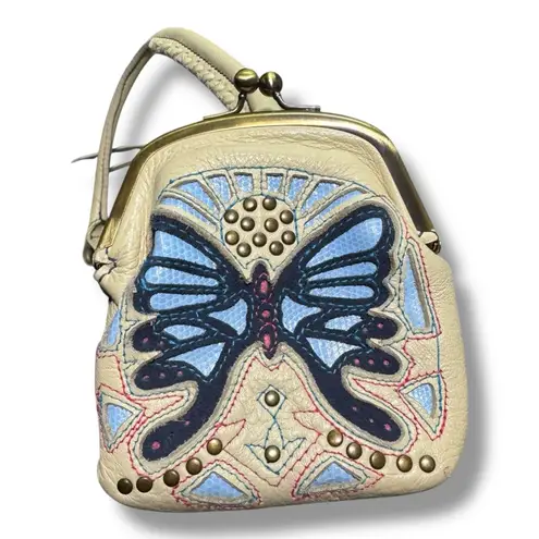III Parcel Pebbled Leather Butterfly Patchwork Kiss Lock Shoulder Bag Blue
