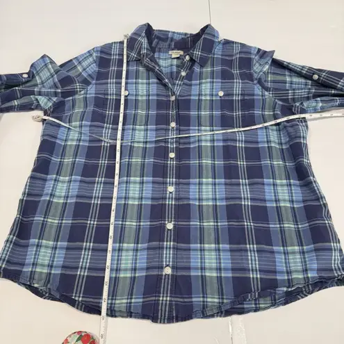 LL Bean Womens Blue Plaid Madras Cotton Button Up Shirt Size LARGE