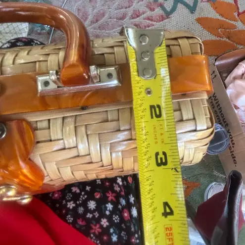 Vintage Woven Purse Bag Amber Lucite and Gold Tone Made in British Hong Kong