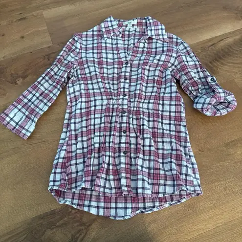 YA Los Angeles Pink White Purple Plaid 3/4 Length Button Up Shirt Gathered Waist