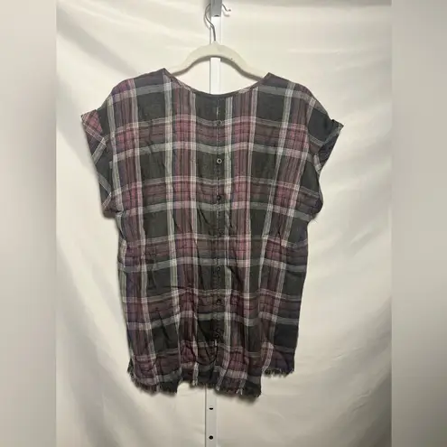 FOR THE REPUBLIC Plaid Button Down Back Top Frayed
