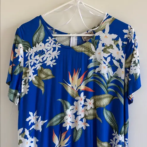 Aloha hut Hawaiian print tiered dress tropical floral Hawaii plumeria Blue Size XL