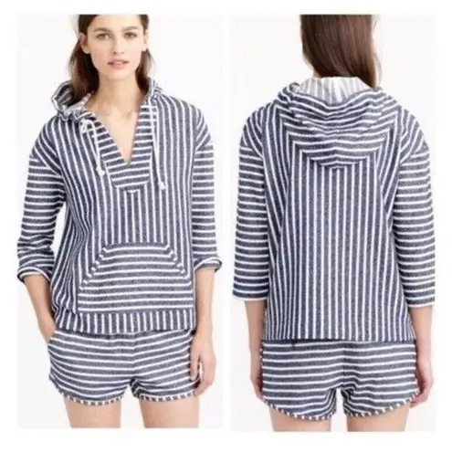 J. CREW Baja Hoodie Pullover Size XL Blue White Striped Woven Boho Chic Beach