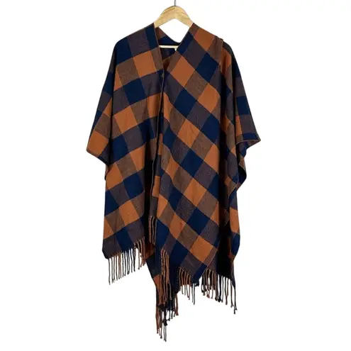 Matilda Jane NWT Poncho Sweater Womens One Size Orange Blue Plaid Fringe Western