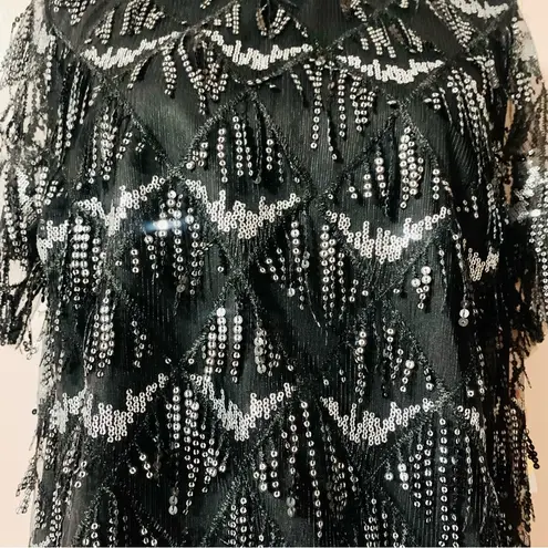 Arula Black & Silver Diamond Sequin Fringe Shimmer Short Sleeve Blouse. Size XL