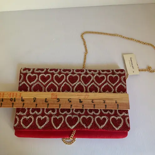 Francesca Red Beaded Heart Clutch Evening Bag Gold Chain Shoulder Strap NWT