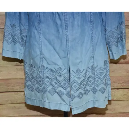 Chico's 1 Blue Ombre Open Front Chambray Shacket Jacket Size M 8 Pockets