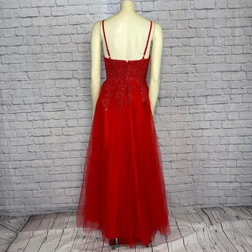 Handmade Red V Neck Spaghetti Straps Tulle Beaded Lace Long Evening Prom Dress size small