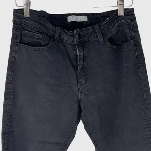 KanCan Women's Cropped Skinny Jeans Mid Rise Shark Bite Fringe Hem Black Size 31