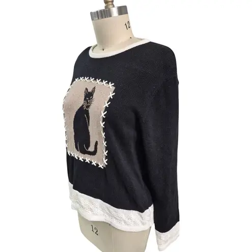 Christopher & Banks Vtg 90s Hand Embroidered Snarky Cat Sweater Cotton Blend L