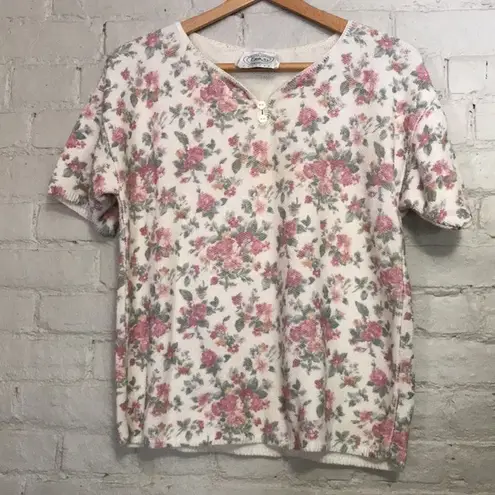 Erika Vintage  Petites XL Button Top Cream Pink Floral Short Sleeve Top