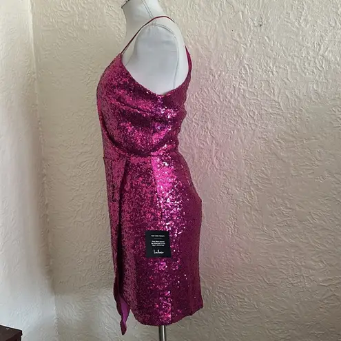 Lulu’s Hilaria Fuschia Pink Sequin Halter Asymmetrical Hem Mini Dress NWT M Size M