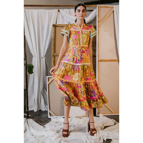 Celia B Lobelia Dress XS Multicolor Floral Midi Pom Pom Trim Boho Orange