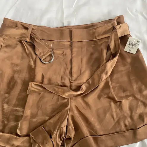 INC New Satin Belted Waist Cuffed Hem Shorts Warm Chestnut Brown