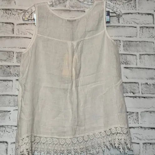Women's Italian made 100% linen Sleeveless embroidered Lace Hem Top size small White