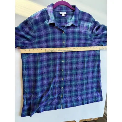 J. JILL Purple Teal Plaid Textured Crinkled Button Front Tunic Shirt Size Lp
