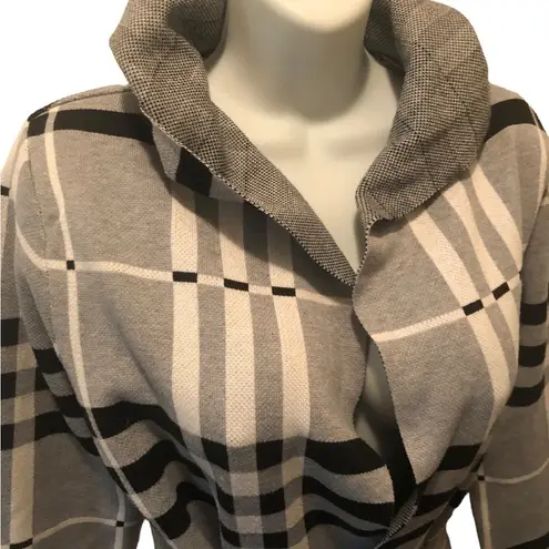 Papillon Plaid Knit Hoodie Cardigan Belted Black White Gray Size S Casual