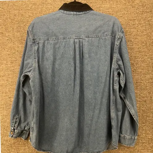 Christmas Button Down Large Denim Vintage Contrasting Collar Chambray Embroidery Blue