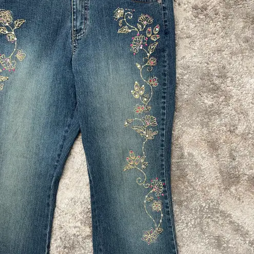 Angels Vintage Y2K 90s Floral Stitchwork Sequin High Rise Flare Leg Petite Jeans