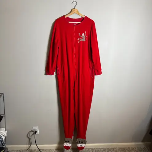 Nick & Nora Sock Monkey Footie Pajamas One Piece Jumpsuit Women's Large Red Cozy