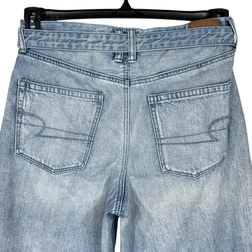 American Eagle  SZ 8 Wide Leg Jeans Chewed Hems Belted Seamed Hi-Rise Light Wash