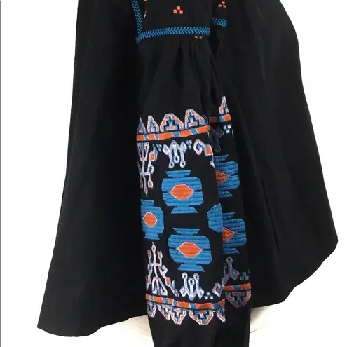 Puff sleeve embroidered boho tie front jacket top Black Size M