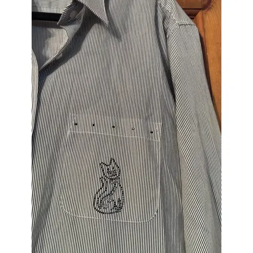 LASOLAS Pinstripe Button Up Shirt Rhinestone Cat Embellished Pockets L Black Size L
