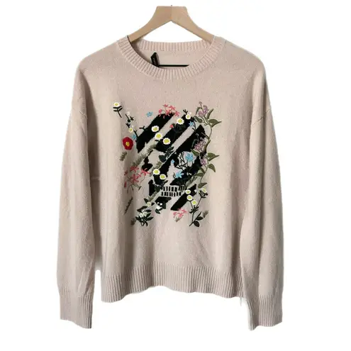 Skull Cashmere Aji Floral Embroidered Skull Stripe Sweater Pale Pink Size Small