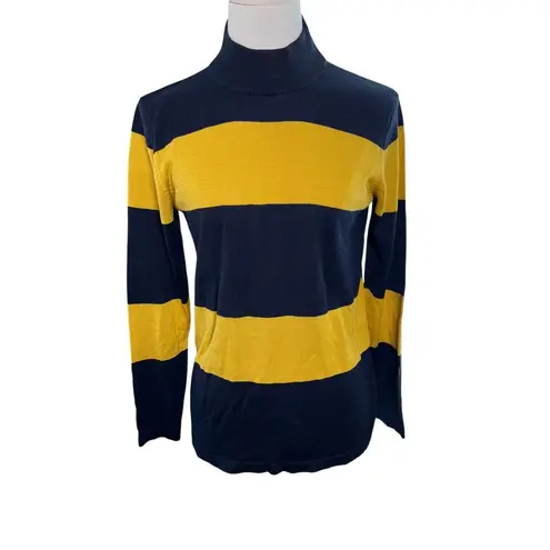 August Silk Sweater Small Navy Yellow Stripe Mock Neck Pullover Long Sleeve