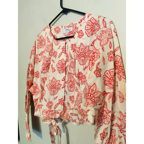 SAUNDERS COLLECTIVE Red Floral Long Sleeve Button Front Tie Waist Fredrique Top Size 10
