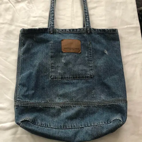 American Eagle 2000s Y2k  Outfitters navy blue denim jean ripped distressed tote bag purse with inner compartment  Excellent condition