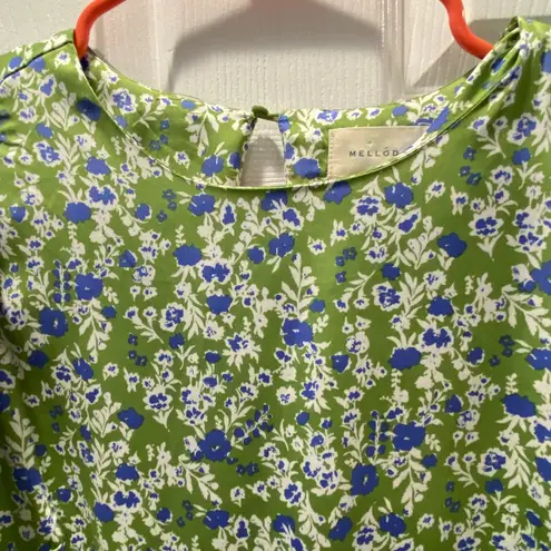 MELLODAY Floral Print Tiered Mini Dress Green Blue Puff Sleeve M