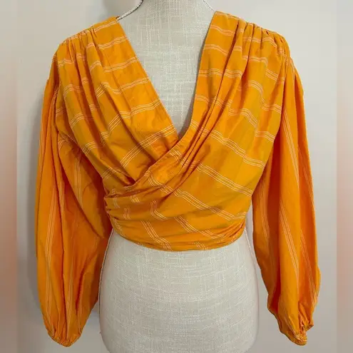 Acler Wyatt Blouse Orange White Stripe Wrap Puff Sleeve Tie Size 2