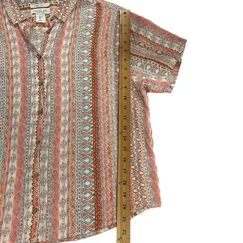 Rachel Zoe  Womens Large 100% Linen Short Sleeve Pink Orange Button Shirt Printed