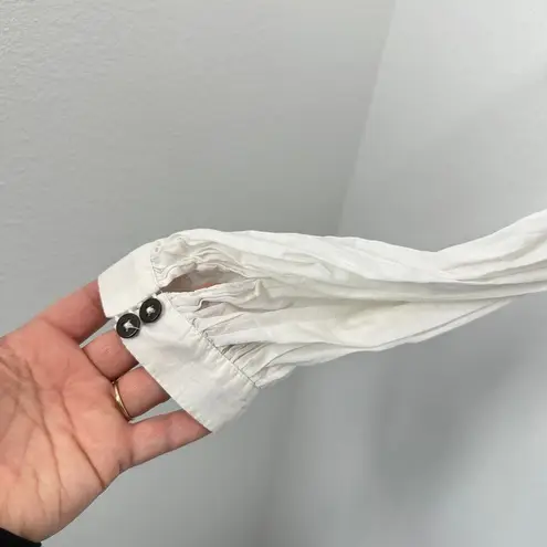 All Saints White Smocked Peplum Blouse Long Sleeve Mock Neck Button Back Cotton