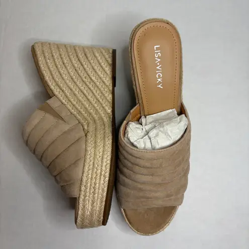 Lisa Vicky Tan Camel Kid Suede Wedge Espadrille Platform Sandal Mules Size 9