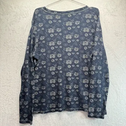 Bit & Bridle Western Waffle Thermal Shirt Navy Blue with Cream Flowers by
