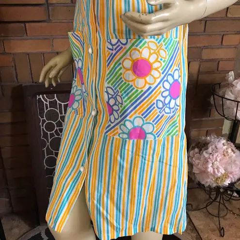 VINTAGE 1960'S DEAD STOCK ORANGE, BLUE & PINK STRIPES & FLORAL HOUSE DRESS NWT S Yellow
