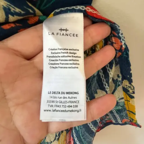 La Fiancée Tunic Mini Dress Cover Up V Neck Blouse Blue Floral Loose Fit Size M Size M