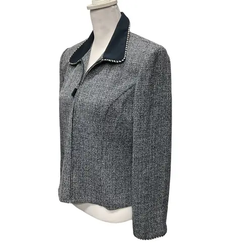 Positive Attitude Fitted Tweed Blazer Jacket Blue White Full Zip Preppy Work Size 10