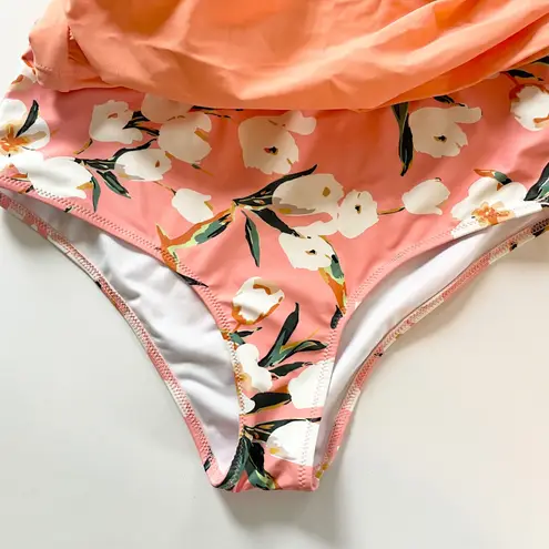 Beachsissi Tankini Swimsuit Floral High Waist Tummy Control Peach Pink M Summer