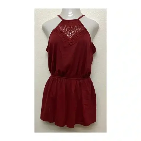 🆕Lace Splicing Drawstring Pocket Romper L🆕 Red Size L